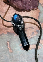 Load image into Gallery viewer, PREORDER St Michael Archangel Pendant Necklace | Blue Labradorite and Obsidian | Protection Saint Angel Sigil Jewelry