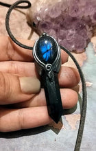 Load image into Gallery viewer, PREORDER St Michael Archangel Pendant Necklace | Blue Labradorite and Obsidian | Protection Saint Angel Sigil Jewelry