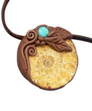 Load image into Gallery viewer, Golden Ratio. Sacred Geometry Art Jewelry | Ammonite & Turquoise Pendant | Fibonacci Sequence Necklace with Healing Crystals