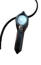 Load image into Gallery viewer, Shadows Work, Witch Protection Necklace | Triple Moon Pendant | Moonstone & Obsidian