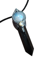 Load image into Gallery viewer, Shadows Work, Witch Protection Necklace | Triple Moon Pendant | Moonstone & Obsidian