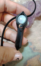 Load image into Gallery viewer, Shadows Work, Witch Protection Necklace | Triple Moon Pendant | Moonstone & Obsidian