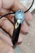 Load image into Gallery viewer, Shadows Work, Witch Protection Necklace | Triple Moon Pendant | Moonstone & Obsidian