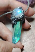 Load image into Gallery viewer, PREORDER Moonlight, Aqua Aura Quartz Crystal Necklace | Rainbow Moonstone Pendant | Sacred Feminine Jewelry