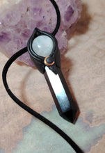 Load image into Gallery viewer, Shadows Work, Witch Protection Necklace | Triple Moon Pendant | Moonstone & Obsidian