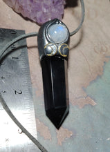 Load image into Gallery viewer, Triple Moon Wiccan Wand Necklace | Obsidian & Moonstone | Hecate Pagan Goddess of Magic Jewerly