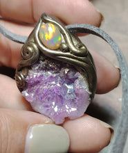 Load image into Gallery viewer, St Brigid Celtic Goddess of Sacred Flame | Fire Opal & Rose Aura Quartz Pendant | Pagan, Celtic, Irish Jewelry