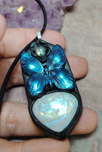 Load image into Gallery viewer, Blue Morpho Butterfly Necklace| Moonstone Crystal Pendant | Spirit Animal Shamanic Jewelry