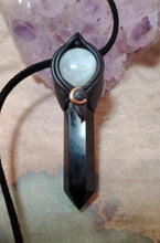 Load image into Gallery viewer, Shadows Work, Witch Protection Necklace | Triple Moon Pendant | Moonstone & Obsidian