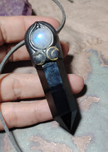Load image into Gallery viewer, Triple Moon Wiccan Wand Necklace | Obsidian & Moonstone | Hecate Pagan Goddess of Magic Jewerly