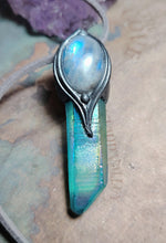 Load image into Gallery viewer, PREORDER Moonchild, Genuine Rainbow Moonstone Necklace | Loosely Polished Aqua Aura Quartz Crystal Pendant |