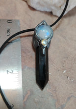 Load image into Gallery viewer, Shadows Work, Witch Protection Necklace | Triple Moon Pendant | Moonstone & Obsidian