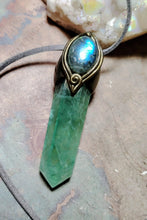 Load image into Gallery viewer, Green Wizard. Fluorite Necklace Pendant | Labradorite Witchy Jewerly