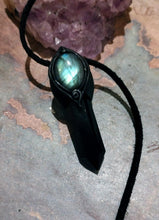 Load image into Gallery viewer, PREORDER St Michael Archangel Pendant Necklace | Blue Labradorite and Obsidian | Protection Saint Angel Sigil Jewelry