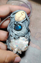 Load image into Gallery viewer, PREORDER Crone, Moon Triple Goddess Witchy Necklace | Aura Quartz & Moonstone | Pagan Sacred Jewelry