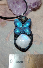 Load image into Gallery viewer, PREORDER Blue Morpho Butterfly Necklace| Moonstone Crystal Pendant | Spirit Animal Shamanic Jewelry