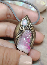 Load image into Gallery viewer, St Brigid Celtic Goddess of Sacred Flame | Fire Opal & Rose Aura Quartz Pendant | Pagan, Celtic, Irish Jewelry