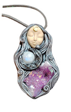Load image into Gallery viewer, PREORDER Triple Moon Goddess Necklace. Aura Quartz Moonstone Witch Figurine