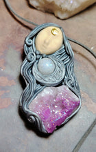 Load image into Gallery viewer, PREORDER Crone, Moon Triple Goddess Witchy Necklace | Aura Quartz & Moonstone | Pagan Sacred Jewelry