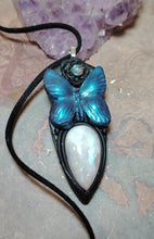 Load image into Gallery viewer, PREORDER Blue Morpho Butterfly Necklace| Moonstone Crystal Pendant | Spirit Animal Shamanic Jewelry