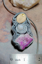 Load image into Gallery viewer, PREORDER Crone, Moon Triple Goddess Witchy Necklace | Aura Quartz & Moonstone | Pagan Sacred Jewelry