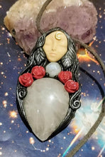 Load image into Gallery viewer, Love Witch. Aphrodite Goddess Statue Figurine Necklace | Rose Quartz, Moonstone | Divine Feminine Jewelry
