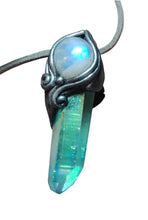 Load image into Gallery viewer, PREORDER Moonlight,  Aqua Aura Quartz Crystal Necklace | Rainbow Moonstone Pendant | Sacred Feminine Jewelry
