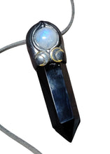 Load image into Gallery viewer, Triple Moon Wiccan Wand Necklace | Obsidian &amp; Moonstone | Hecate Pagan Goddess of Magic Jewerly
