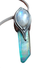 Load image into Gallery viewer, PREORDER Moonchild, Genuine Rainbow Moonstone Necklace | Loosely Polished Aqua Aura Quartz Crystal Pendant |
