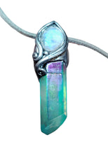 Load image into Gallery viewer, PREORDER Moonchild, Genuine Rainbow Moonstone Necklace | Loosely Polished Aqua Aura Quartz Crystal Pendant |
