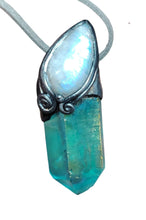 Load image into Gallery viewer, PREORDER Moonlight,  Aqua Aura Quartz Crystal Necklace | Rainbow Moonstone Pendant | Sacred Feminine Jewelry
