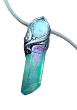 Load image into Gallery viewer, PREORDER Moonchild, Genuine Rainbow Moonstone Necklace | Loosely Polished Aqua Aura Quartz Crystal Pendant |
