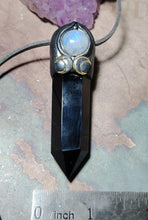 Load image into Gallery viewer, Triple Moon Wiccan Wand Necklace | Obsidian &amp; Moonstone | Hecate Pagan Goddess of Magic Jewerly

