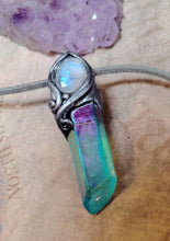 Load image into Gallery viewer, PREORDER Moonchild, Genuine Rainbow Moonstone Necklace | Loosely Polished Aqua Aura Quartz Crystal Pendant |
