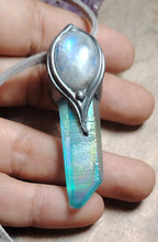 Load image into Gallery viewer, PREORDER Moonchild, Genuine Rainbow Moonstone Necklace | Loosely Polished Aqua Aura Quartz Crystal Pendant |
