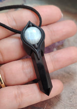 Load image into Gallery viewer, Shield, Empath Protection Jewelry | Black Obsidian Moonstone Necklace Pendant against Evil Eye, Witchcraft, Negativity
