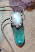 Load image into Gallery viewer, PREORDER Moonlight,  Aqua Aura Quartz Crystal Necklace | Rainbow Moonstone Pendant | Sacred Feminine Jewelry
