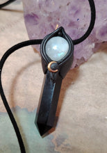 Load image into Gallery viewer, Shadows Work,  Witch Protection Necklace | Triple Moon Pendant | Moonstone &amp; Obsidian
