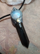 Load image into Gallery viewer, Shadows Work,  Witch Protection Necklace | Triple Moon Pendant | Moonstone &amp; Obsidian
