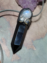 Load image into Gallery viewer, Triple Moon Wiccan Wand Necklace | Obsidian &amp; Moonstone | Hecate Pagan Goddess of Magic Jewerly
