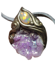Load image into Gallery viewer, St Brigid Celtic Goddess of Sacred Flame | Fire Opal &amp; Rose Aura Quartz Pendant |  Pagan, Celtic, Irish Jewelry
