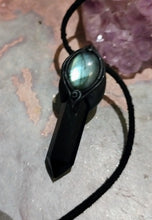 Load image into Gallery viewer, PREORDER St Michael Archangel Pendant Necklace | Blue Labradorite and Obsidian | Protection Saint Angel Sigil Jewelry
