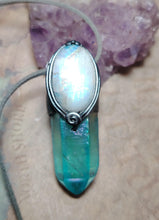 Load image into Gallery viewer, PREORDER Moonlight,  Aqua Aura Quartz Crystal Necklace | Rainbow Moonstone Pendant | Sacred Feminine Jewelry
