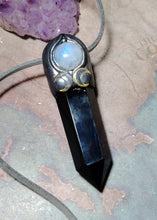 Load image into Gallery viewer, Triple Moon Wiccan Wand Necklace | Obsidian &amp; Moonstone | Hecate Pagan Goddess of Magic Jewerly
