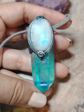 Load image into Gallery viewer, PREORDER Moonlight,  Aqua Aura Quartz Crystal Necklace | Rainbow Moonstone Pendant | Sacred Feminine Jewelry
