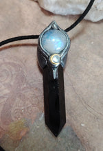 Load image into Gallery viewer, Shadows Work,  Witch Protection Necklace | Triple Moon Pendant | Moonstone &amp; Obsidian
