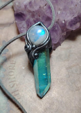 Load image into Gallery viewer, PREORDER Moonlight,  Aqua Aura Quartz Crystal Necklace | Rainbow Moonstone Pendant | Sacred Feminine Jewelry
