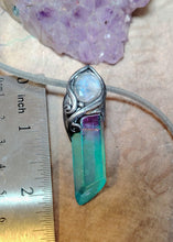 Load image into Gallery viewer, PREORDER Moonchild, Genuine Rainbow Moonstone Necklace | Loosely Polished Aqua Aura Quartz Crystal Pendant |
