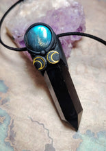 Load image into Gallery viewer, Triple Moon Wiccan Wand Necklace | Obsidian &amp; Moonstone | Hecate Pagan Goddess of Magic Jewerly
