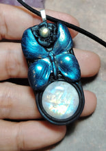 Load image into Gallery viewer, Blue Morpho Butterfly Necklace|  Moonstone Crystal  Pendant | Spirit Animal Shamanic Jewelry

